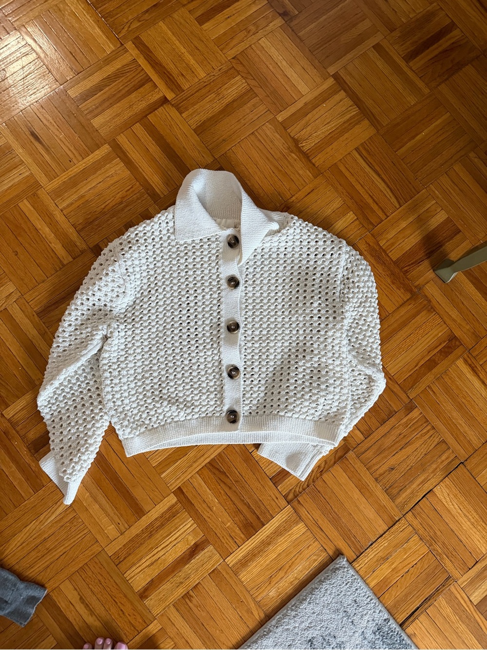 H&M White Cropped Button-Front Open-Stitch Cardigan